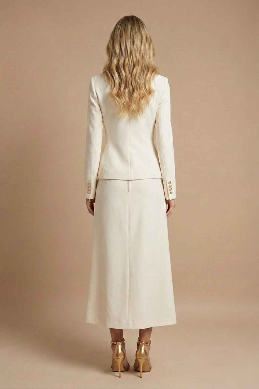 Women’s White Two Piece Set with Long Sleeve Tailored Jacket and Midi Skirt with Front Slit Elegant Formal Style