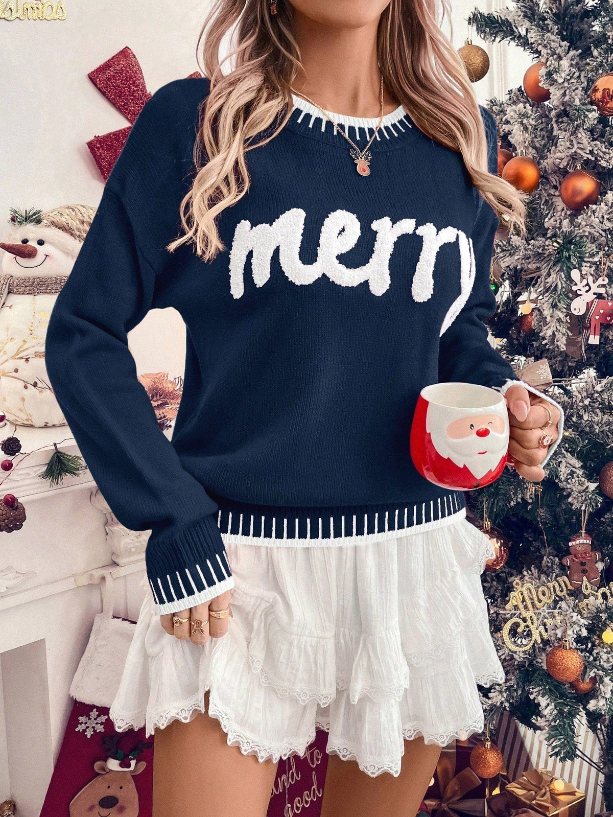 Holiday Acrylic Pullover Sweater with Drop Shoulder and Rib Knit Construction