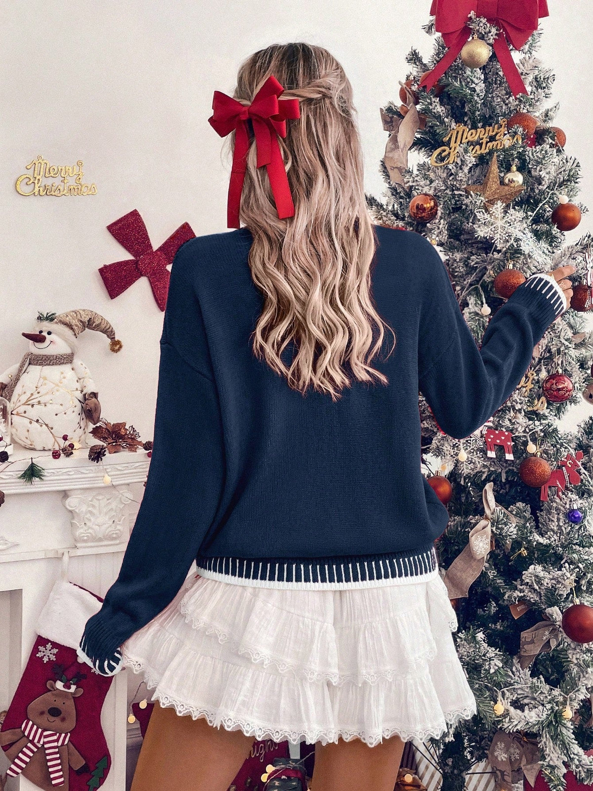 Holiday Acrylic Pullover Sweater with Drop Shoulder and Rib Knit Construction