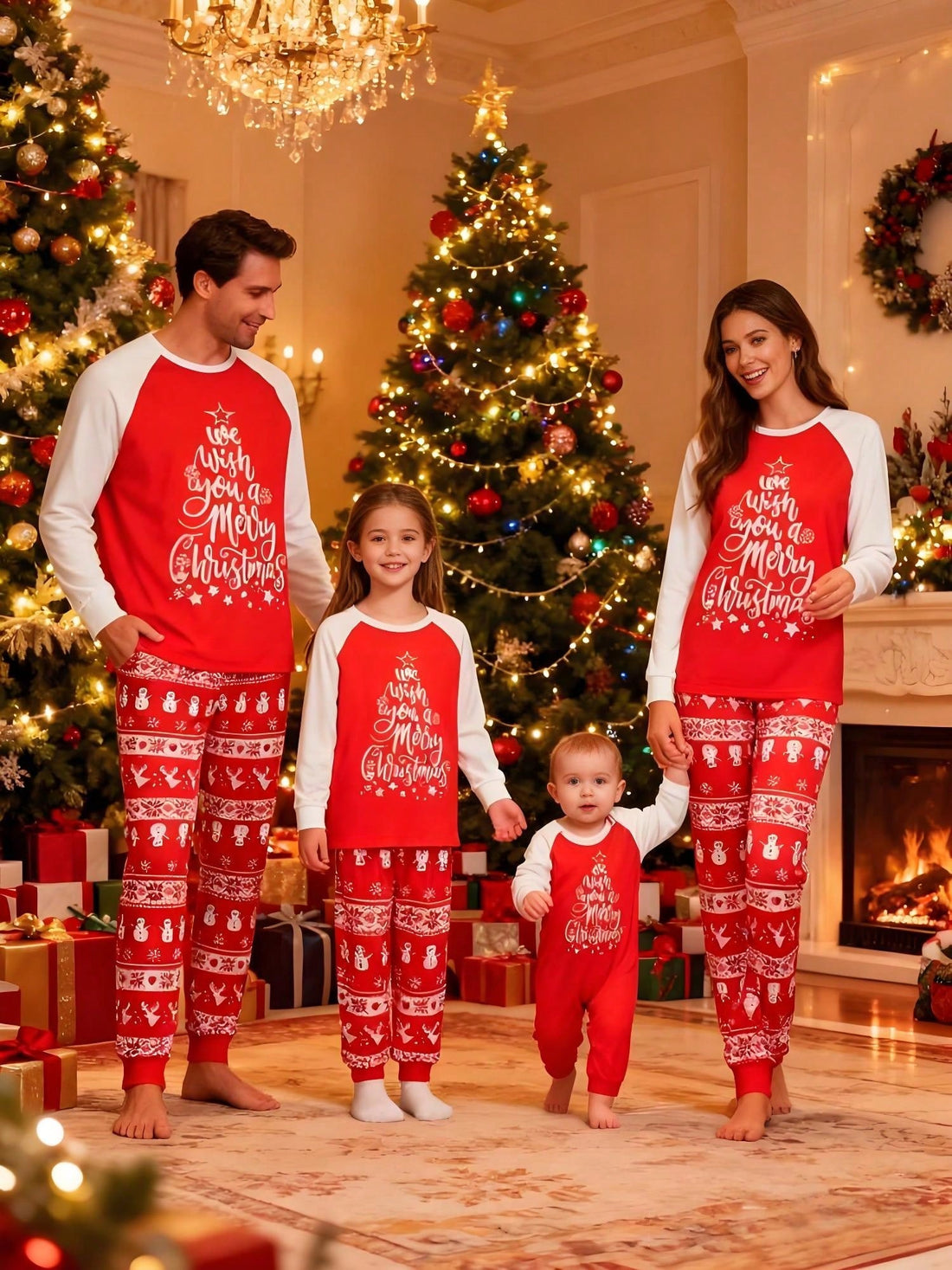 Wind-Blocking Pajama Set with Side Pockets and Christmas Pattern, Red
