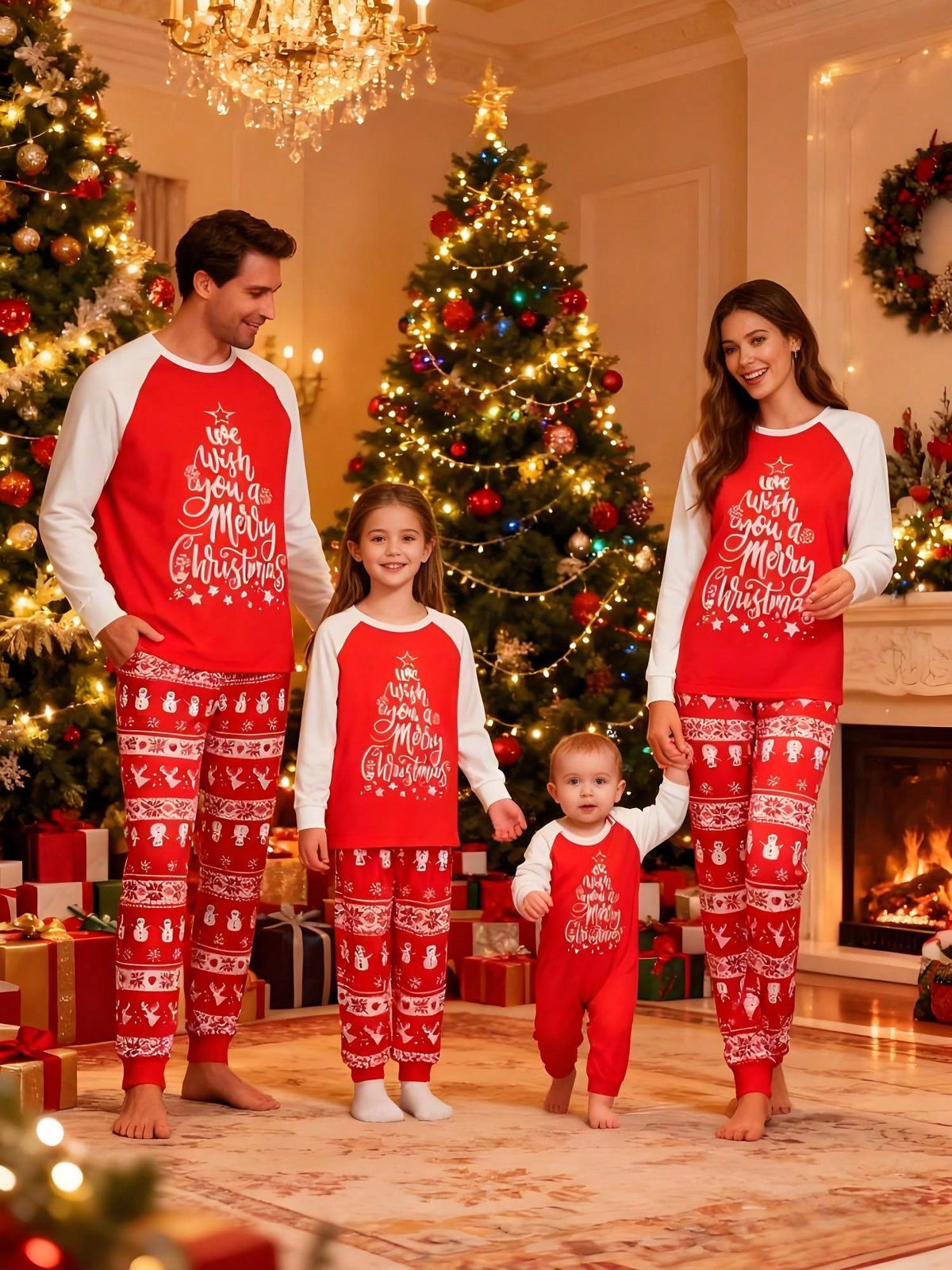 Wind-Blocking Pajama Set with Side Pockets and Christmas Pattern, Red