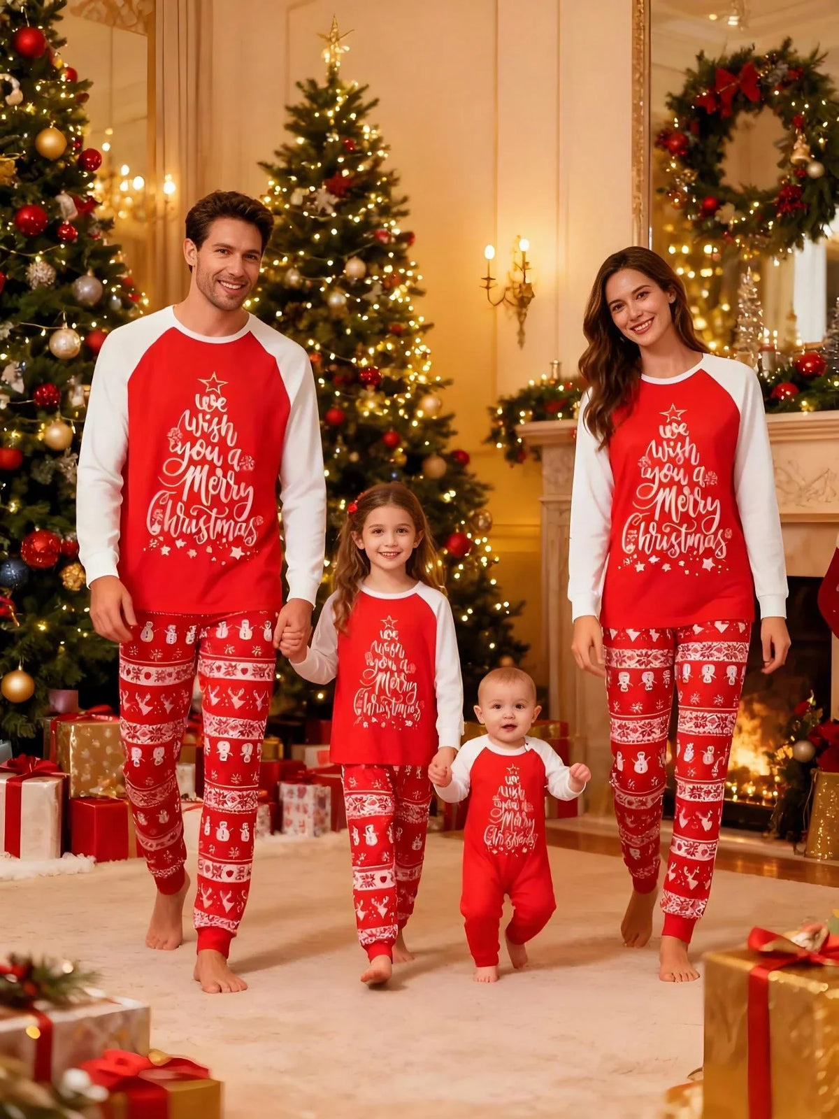 Wind-Blocking Pajama Set with Side Pockets and Christmas Pattern, Red