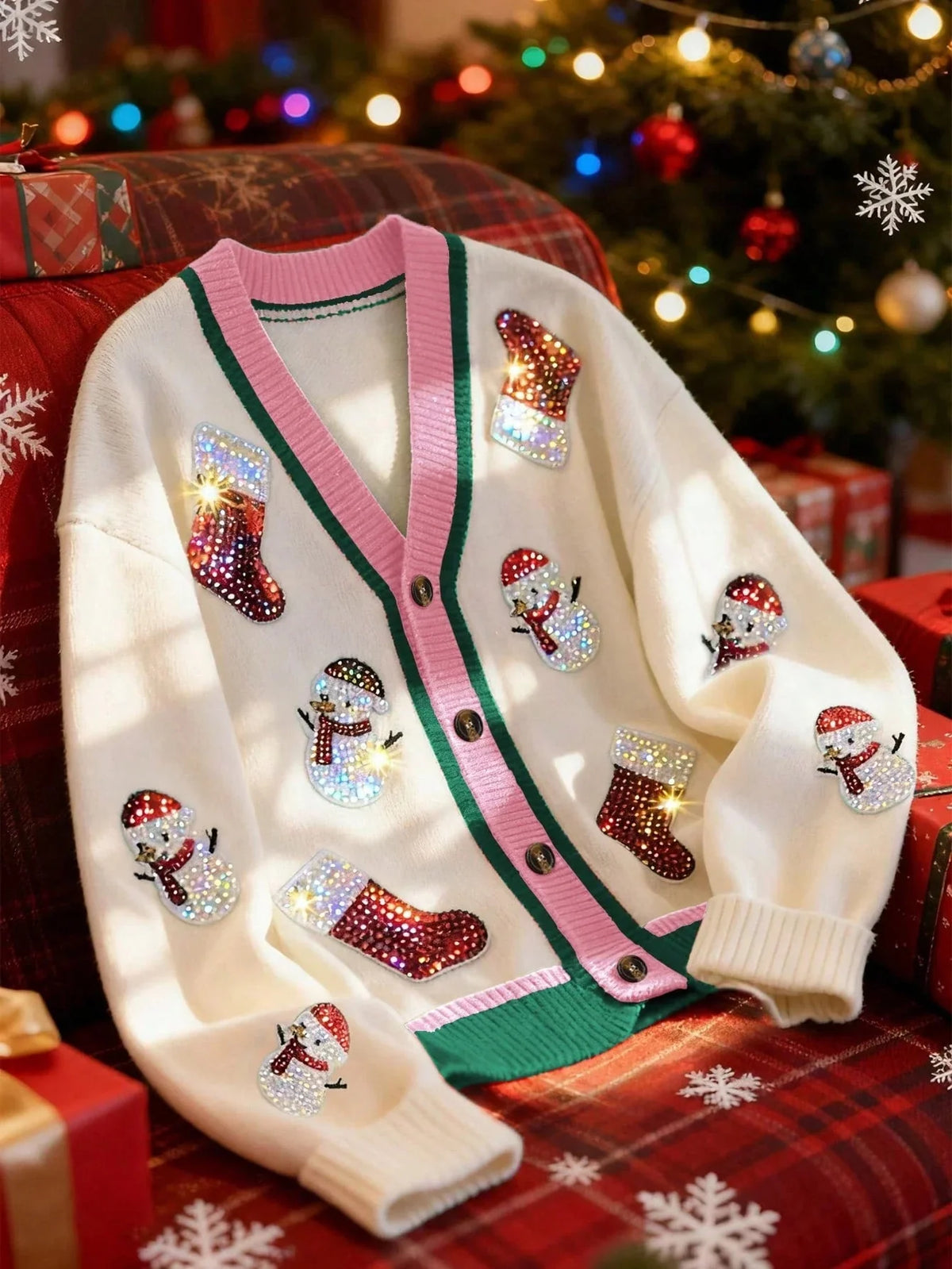 Multicolor Christmas Cardigan with Drop Shoulder Sleeves and Button Front, V-Neck