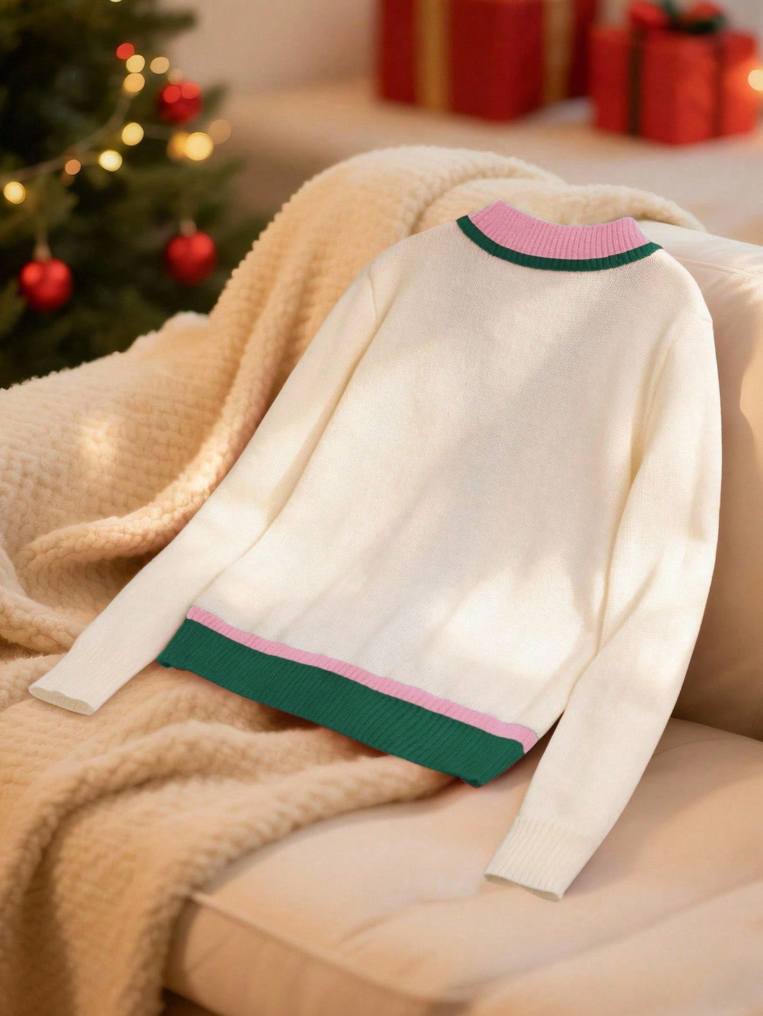 Multicolor Christmas Cardigan with Drop Shoulder Sleeves and Button Front, V-Neck