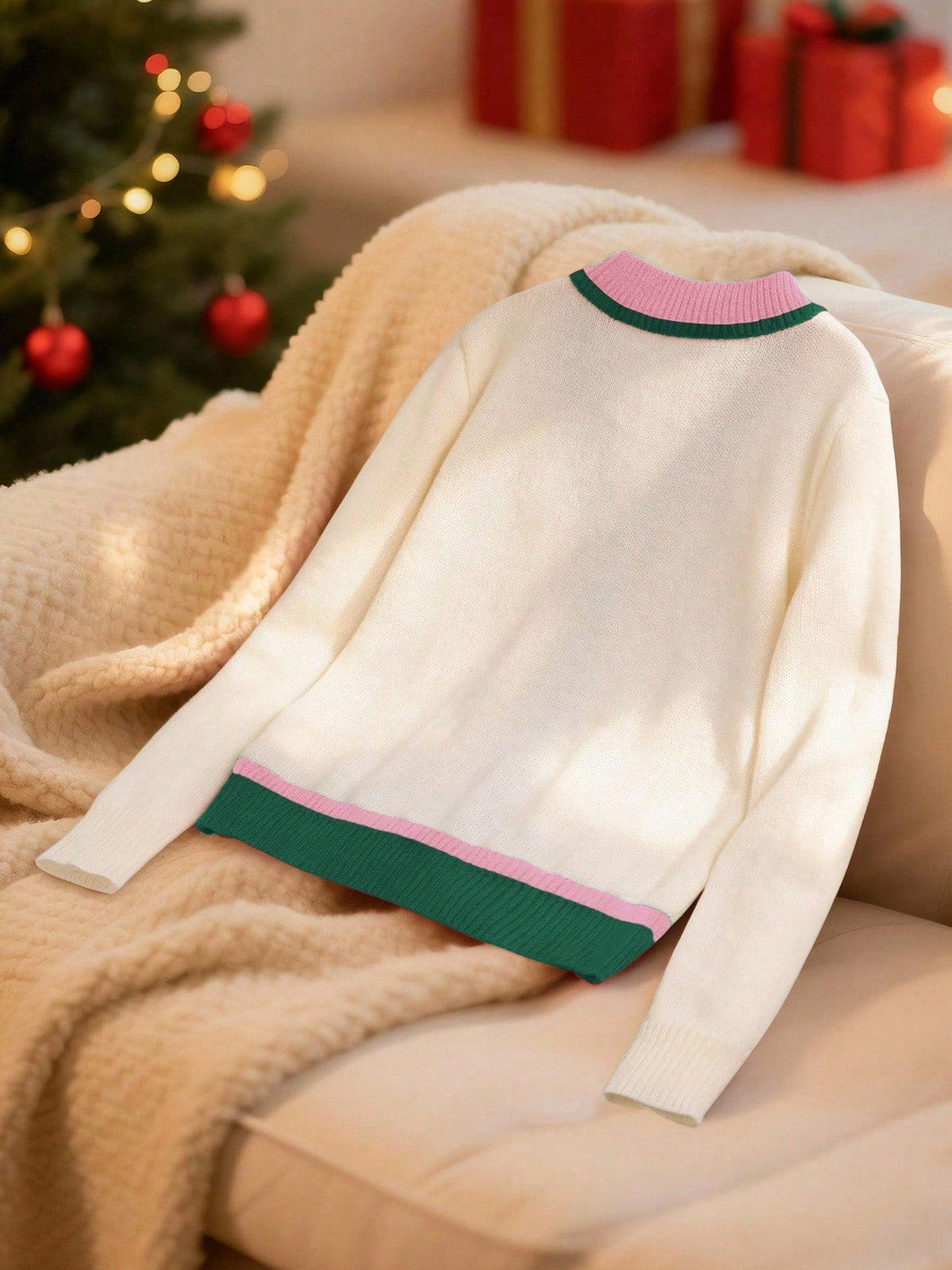 Multicolor Christmas Cardigan with Drop Shoulder Sleeves and Button Front, V-Neck