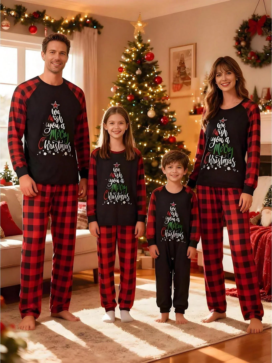 Children's Holiday Pajama Set with Long Sleeves and Plaid Pants, Red Black