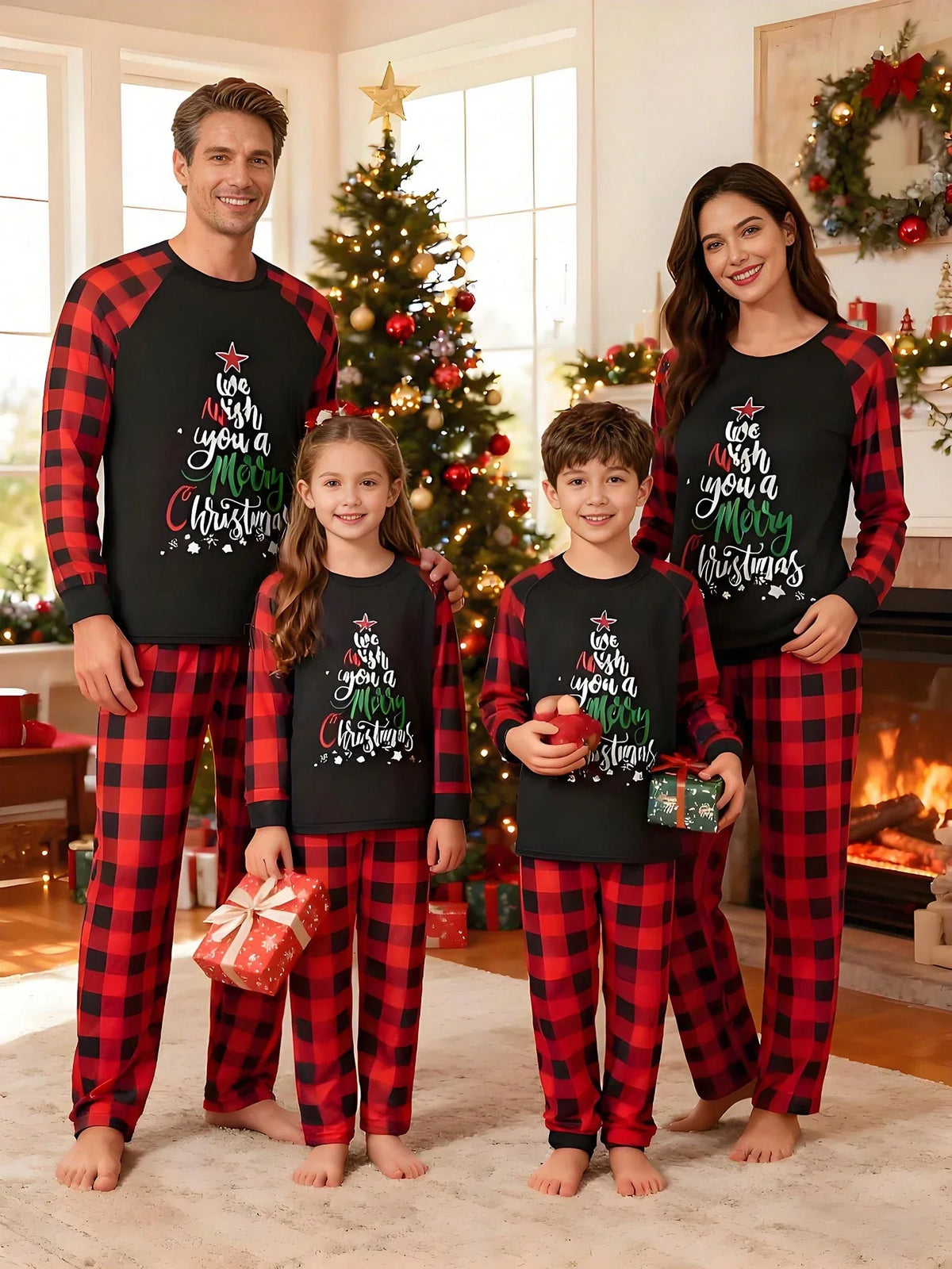 Children's Holiday Pajama Set with Long Sleeves and Plaid Pants, Red Black