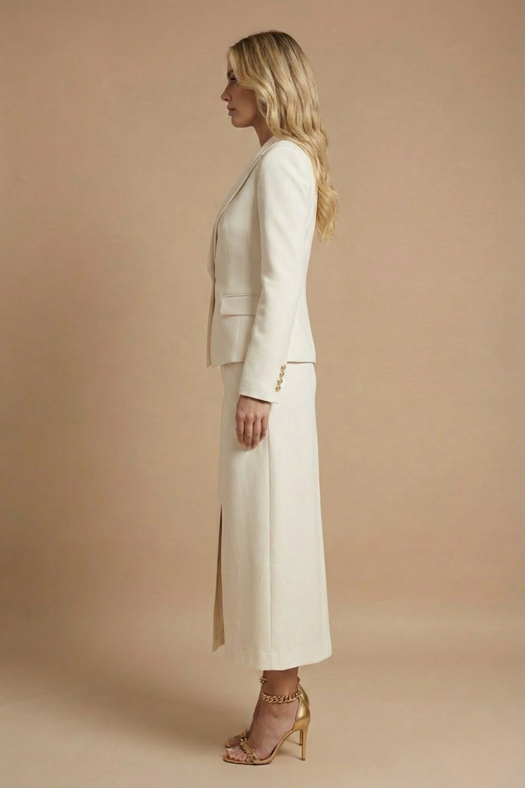 Women’s White Two Piece Set with Long Sleeve Tailored Jacket and Midi Skirt with Front Slit Elegant Formal Style