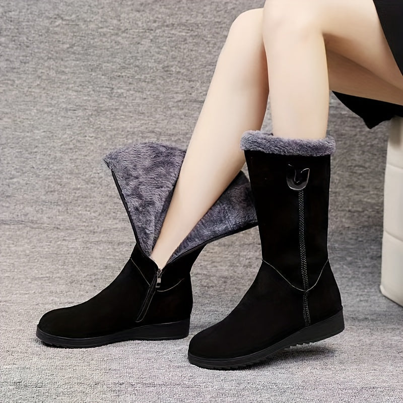 Slip-On Mid Calf Winter Boots with Textured Anti-Slip Sole and Plush Lining