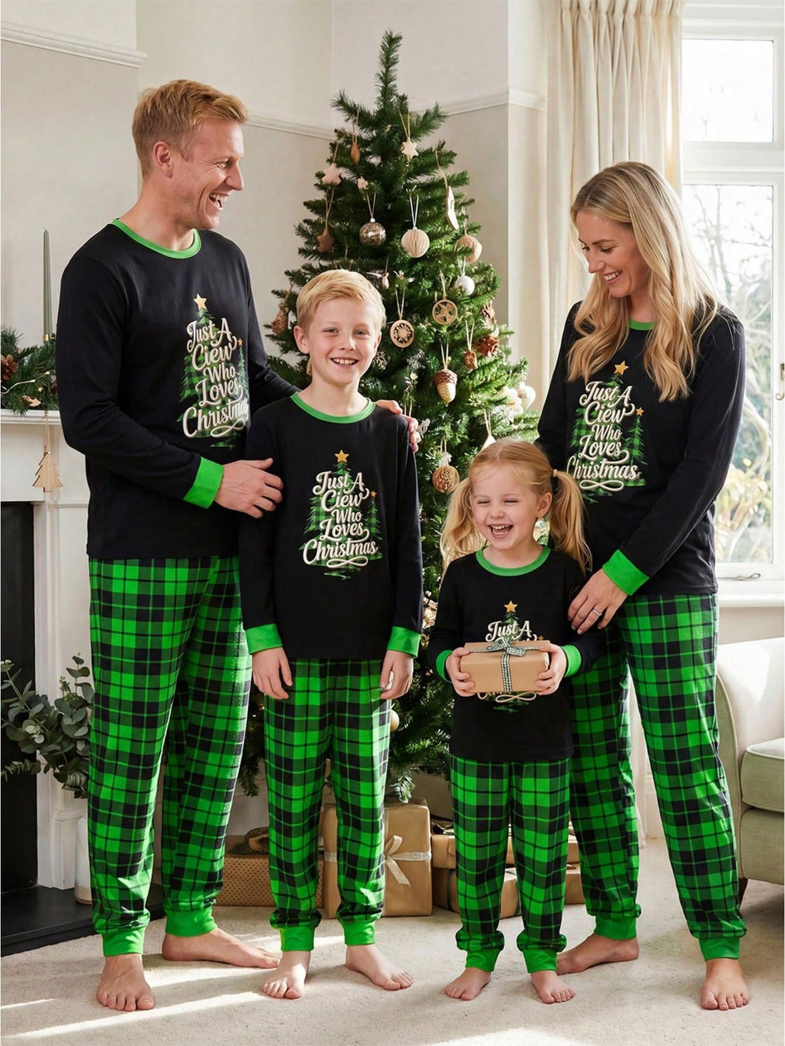 Children's Black Plaid Two-Piece Set with Long Sleeves and Elastic Waistband