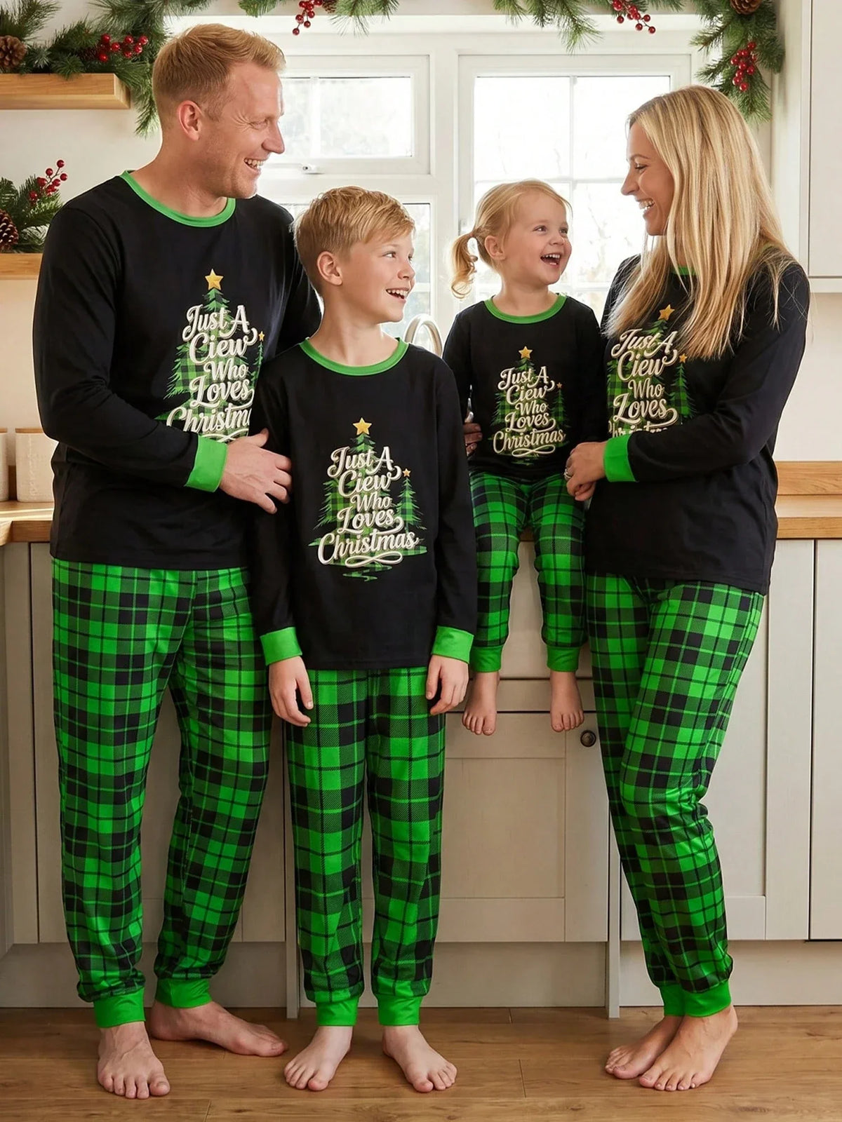 Children's Black Plaid Two-Piece Set with Long Sleeves and Elastic Waistband