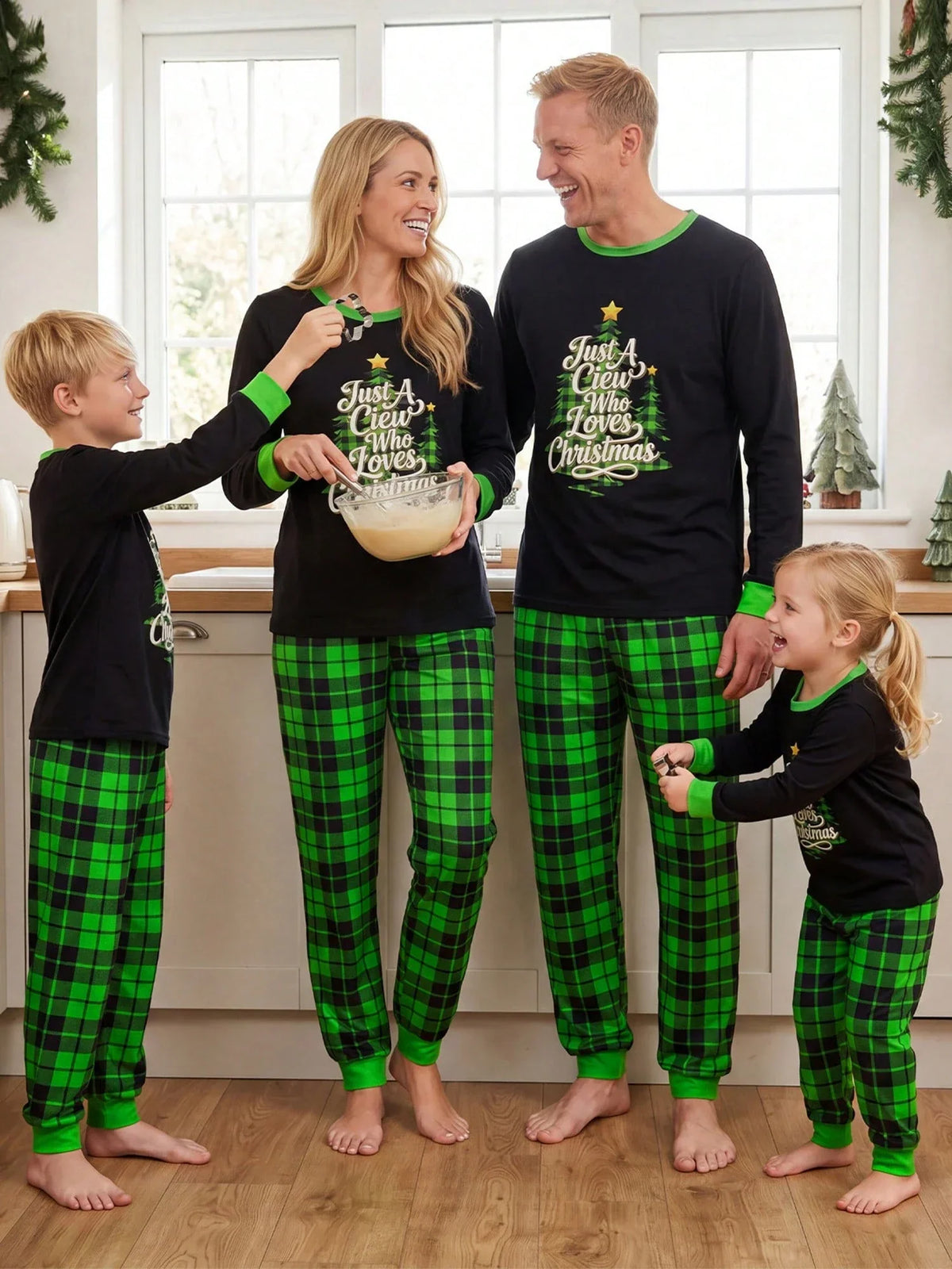 Children's Black Plaid Two-Piece Set with Long Sleeves and Elastic Waistband