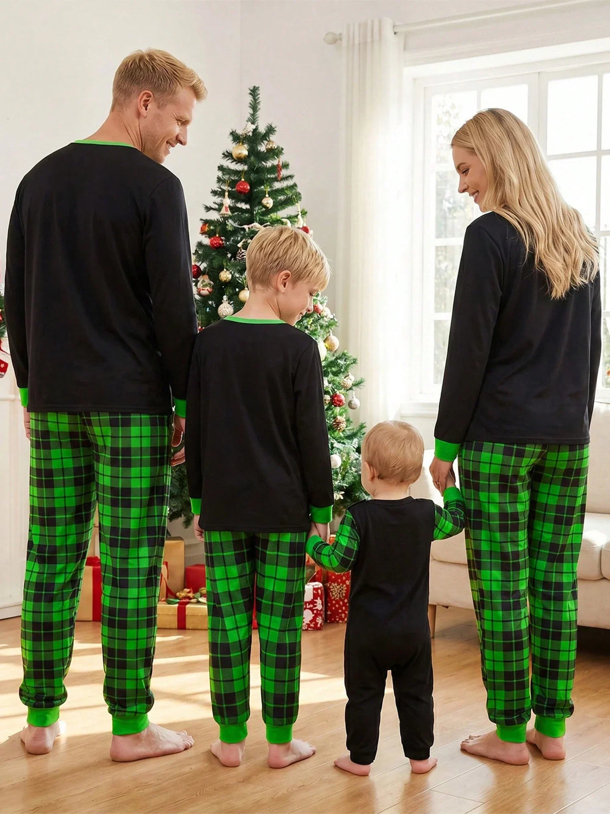 Children's Black Plaid Two-Piece Set with Long Sleeves and Elastic Waistband