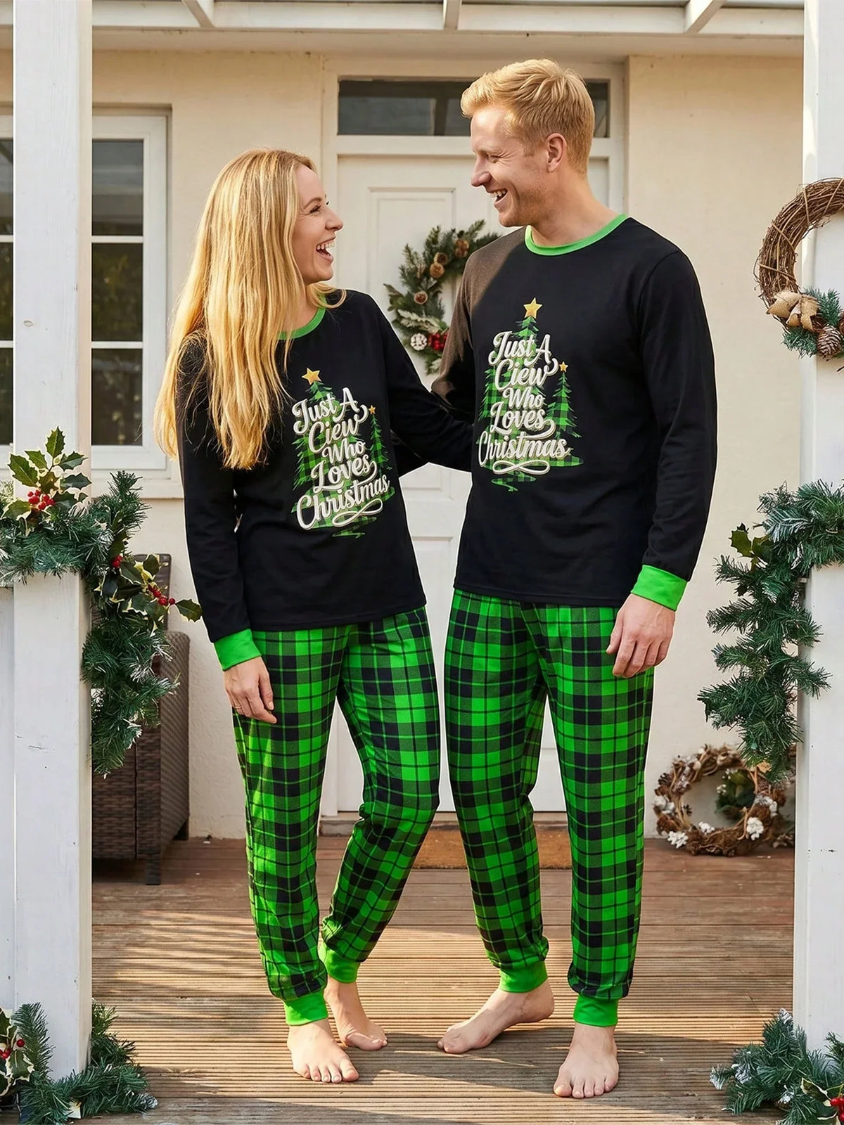 Children's Black Plaid Two-Piece Set with Long Sleeves and Elastic Waistband