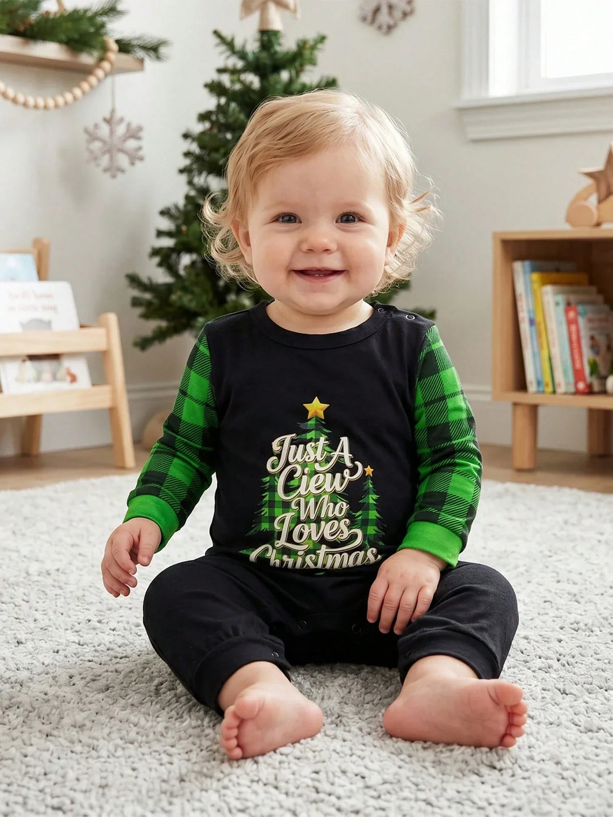 Children's Black Plaid Two-Piece Set with Long Sleeves and Elastic Waistband