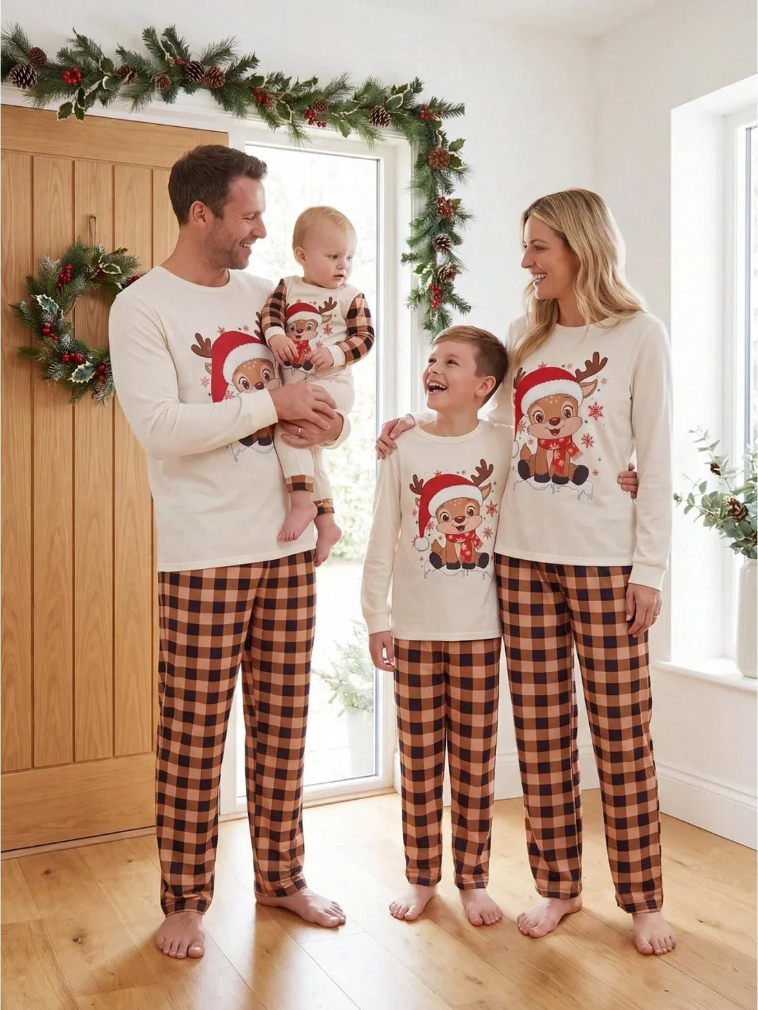 Beige Fuzzy Lounge Pants Set with Christmas Design and Long Sleeves