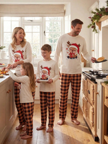 Beige Fuzzy Lounge Pants Set with Christmas Design and Long Sleeves