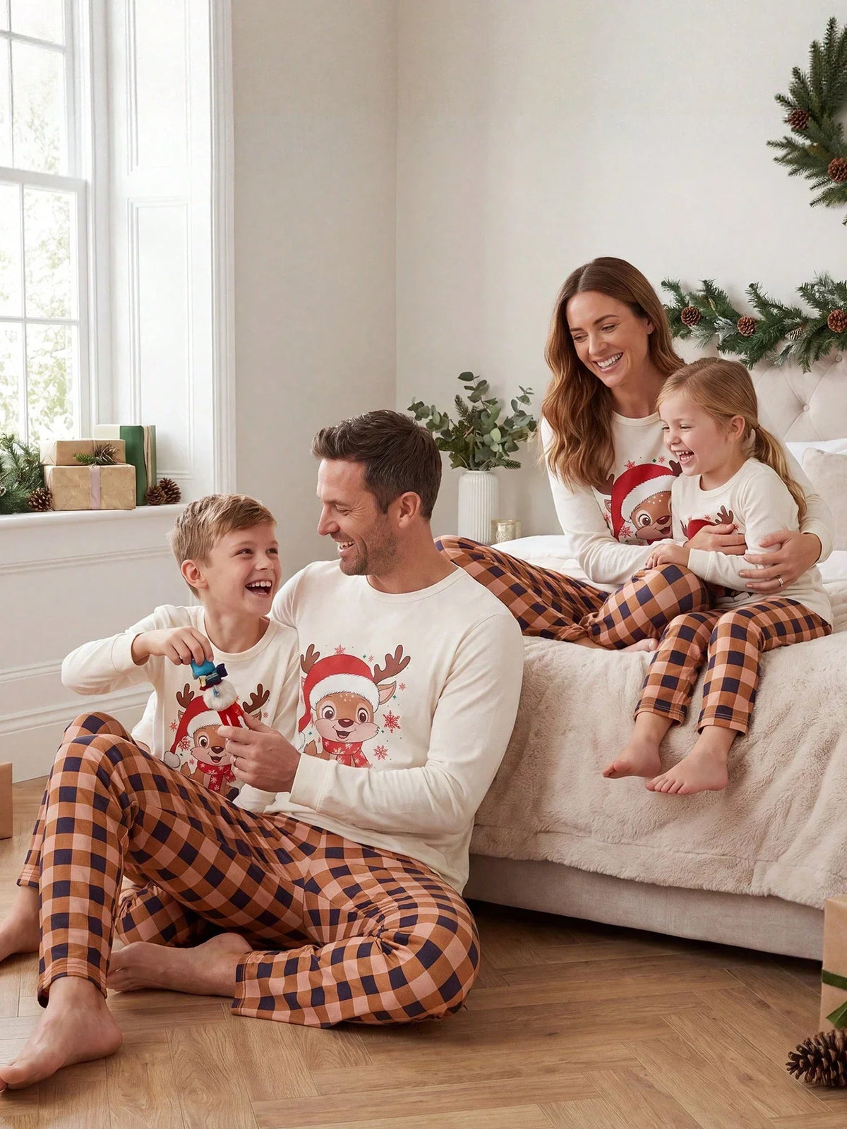 Beige Fuzzy Lounge Pants Set with Christmas Design and Long Sleeves