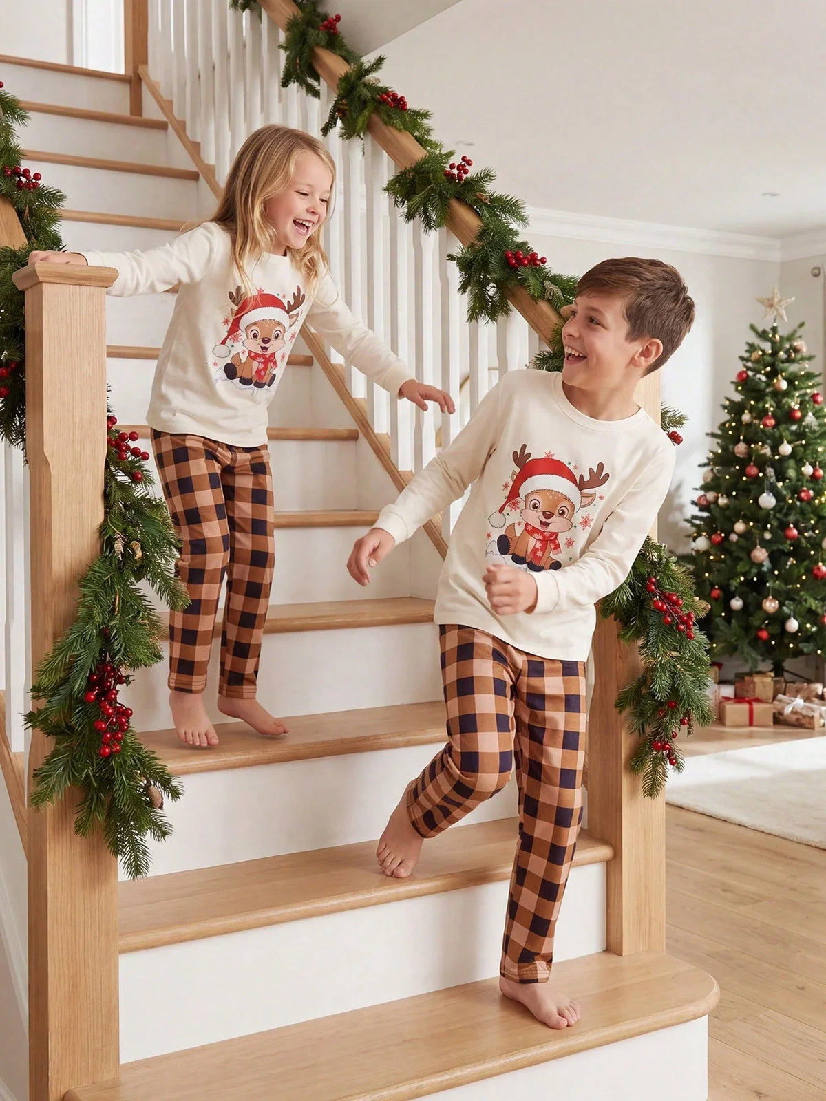 Beige Fuzzy Lounge Pants Set with Christmas Design and Long Sleeves