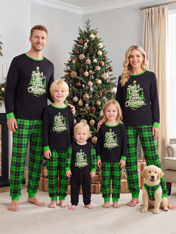Children's Black Plaid Two-Piece Set with Long Sleeves and Elastic Waistband
