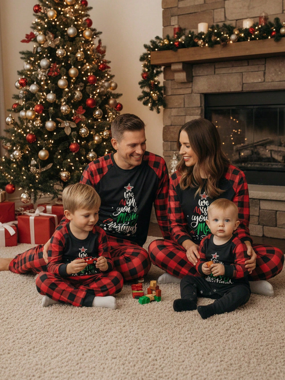 Children's Holiday Pajama Set with Long Sleeves and Plaid Pants, Red Black