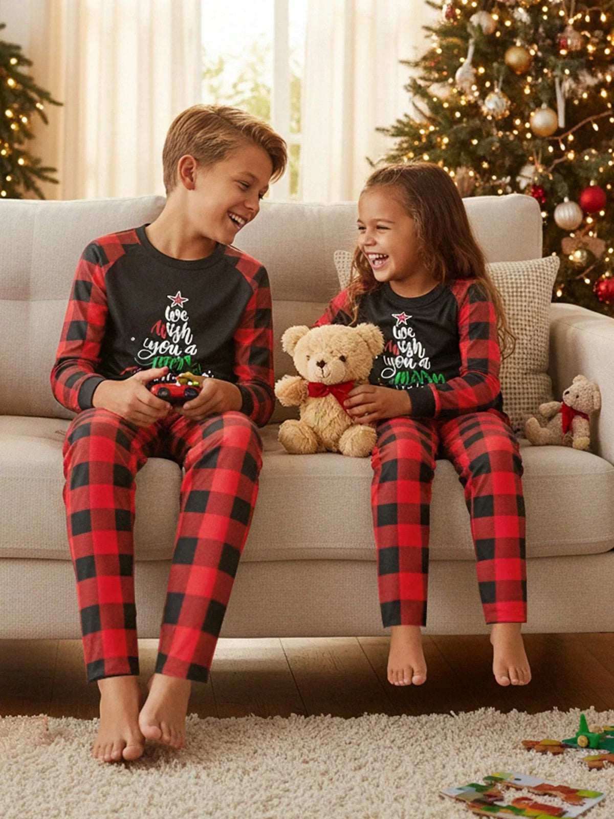 Children's Holiday Pajama Set with Long Sleeves and Plaid Pants, Red Black