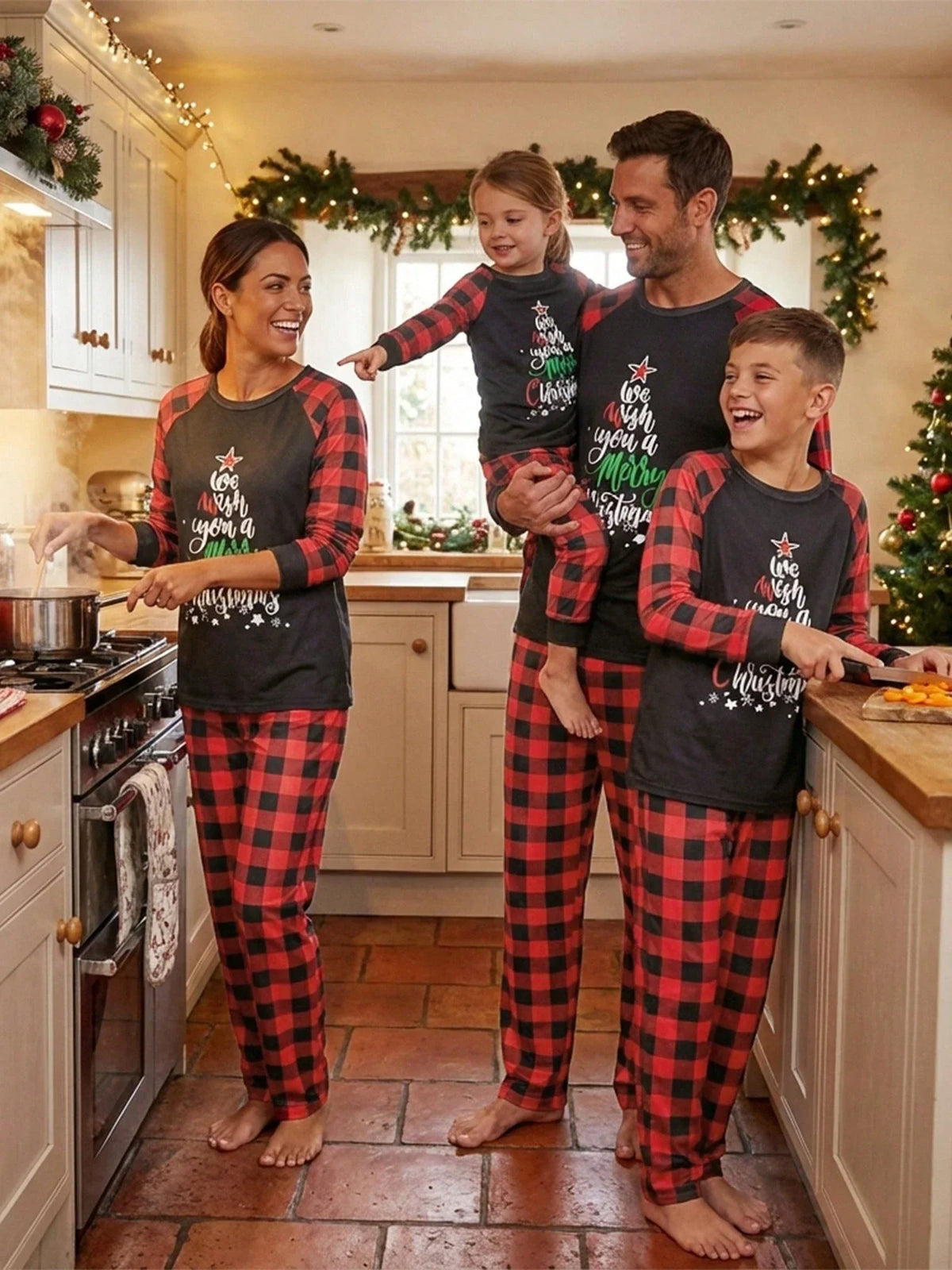 Children's Holiday Pajama Set with Long Sleeves and Plaid Pants, Red Black