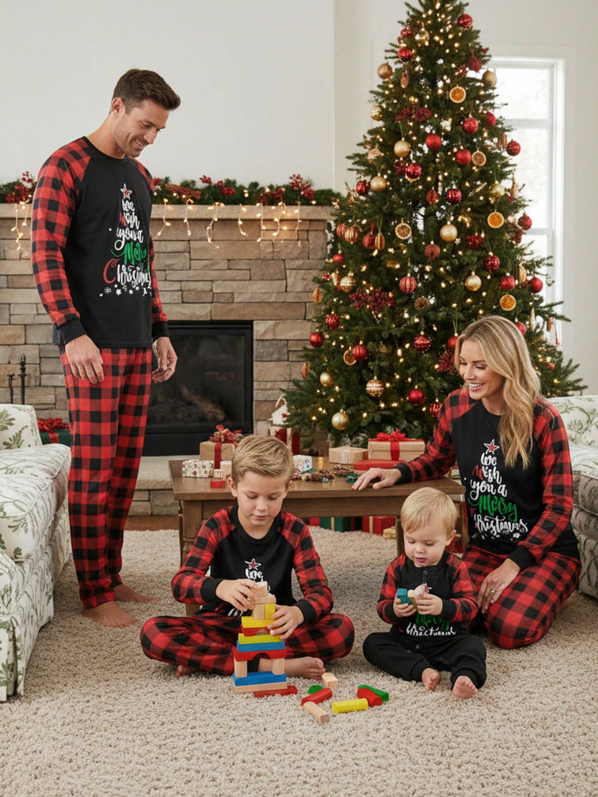Children's Holiday Pajama Set with Long Sleeves and Plaid Pants, Red Black