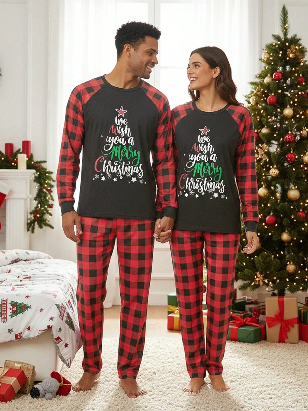 Children's Holiday Pajama Set with Long Sleeves and Plaid Pants, Red Black