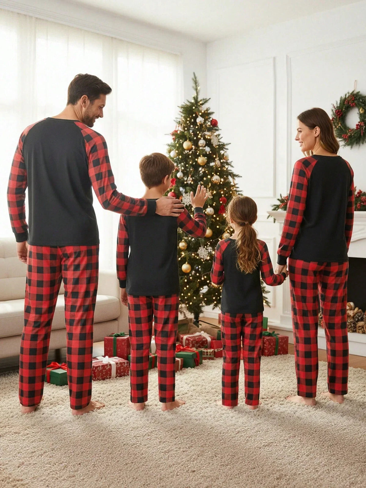 Children's Holiday Pajama Set with Long Sleeves and Plaid Pants, Red Black