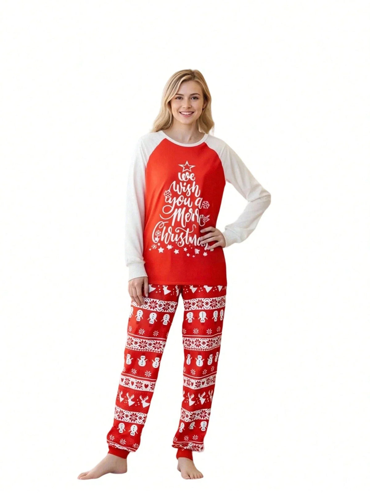 Wind-Blocking Pajama Set with Side Pockets and Christmas Pattern, Red