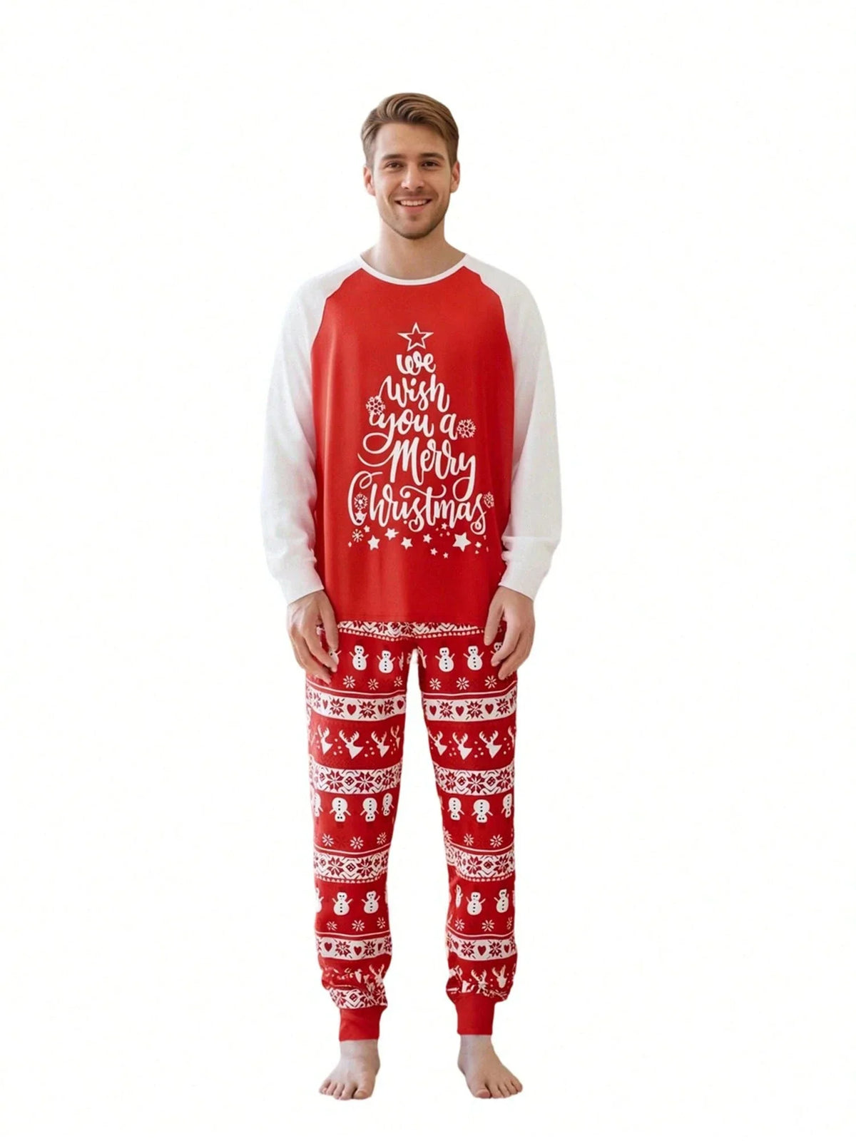 Wind-Blocking Pajama Set with Side Pockets and Christmas Pattern, Red