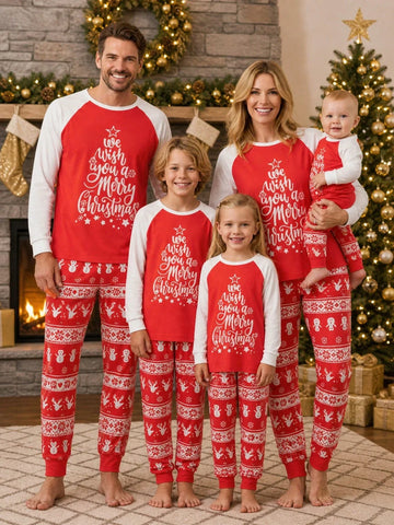 Wind-Blocking Pajama Set with Side Pockets and Christmas Pattern, Red