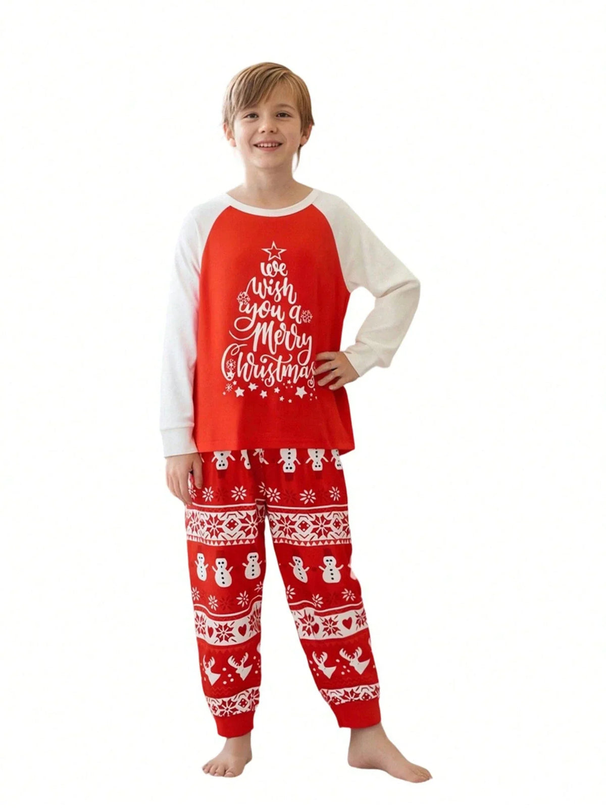 Wind-Blocking Pajama Set with Side Pockets and Christmas Pattern, Red