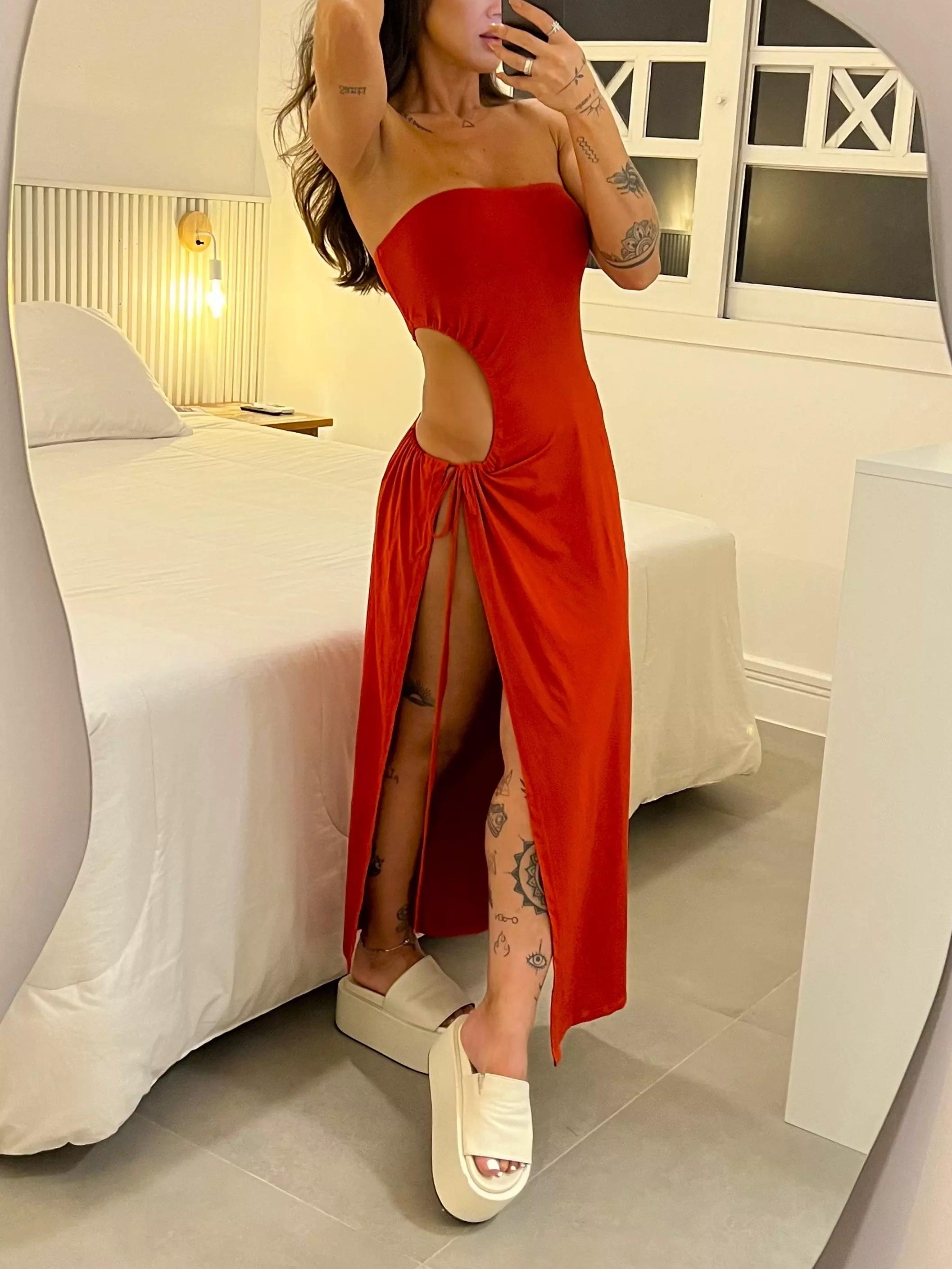 Women's Strapless Bandeau Maxi Dress - Side Cutout Tie Slit