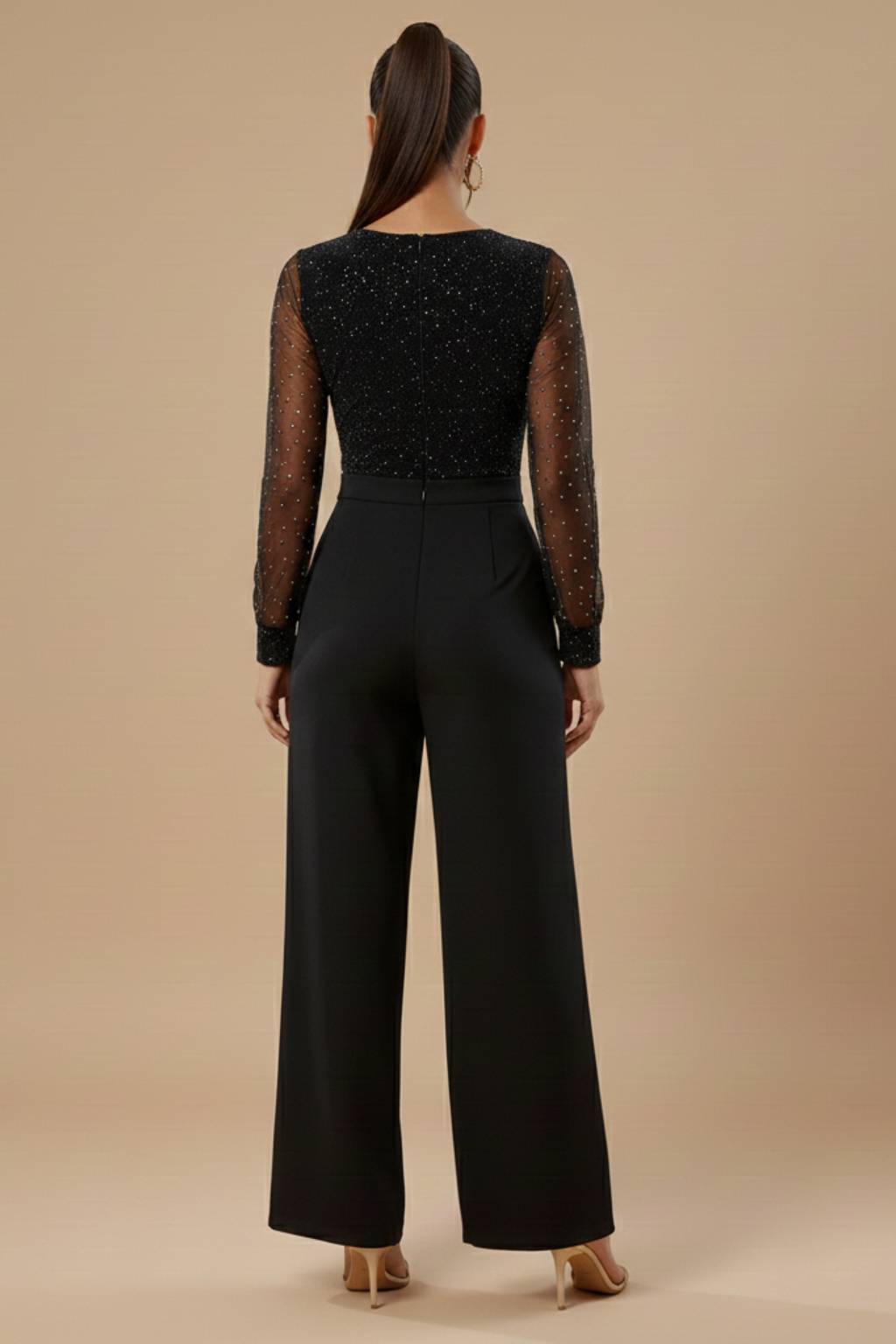 Women’s Elegant Jumpsuit - Long Sleeve V Neck Wide Leg Jumpsuit for Evening Wear