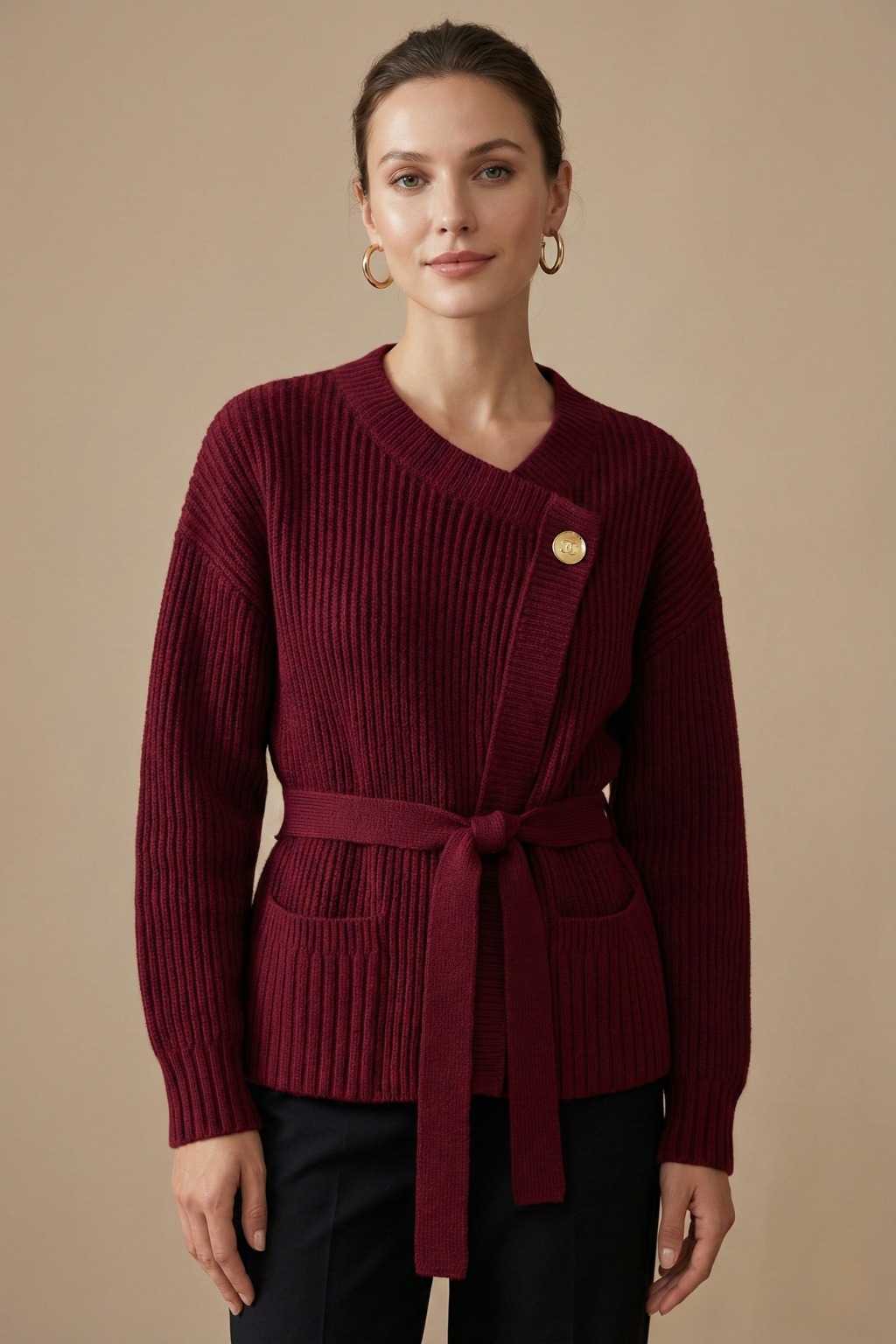 Women’s Wrap Cardigan with Ribbed Knit and Tie Waist