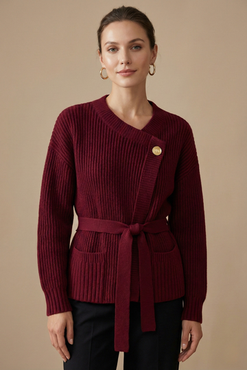 Women’s Wrap Cardigan with Ribbed Knit and Tie Waist