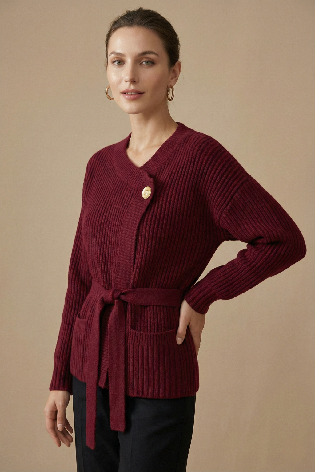 Women’s Wrap Cardigan with Ribbed Knit and Tie Waist