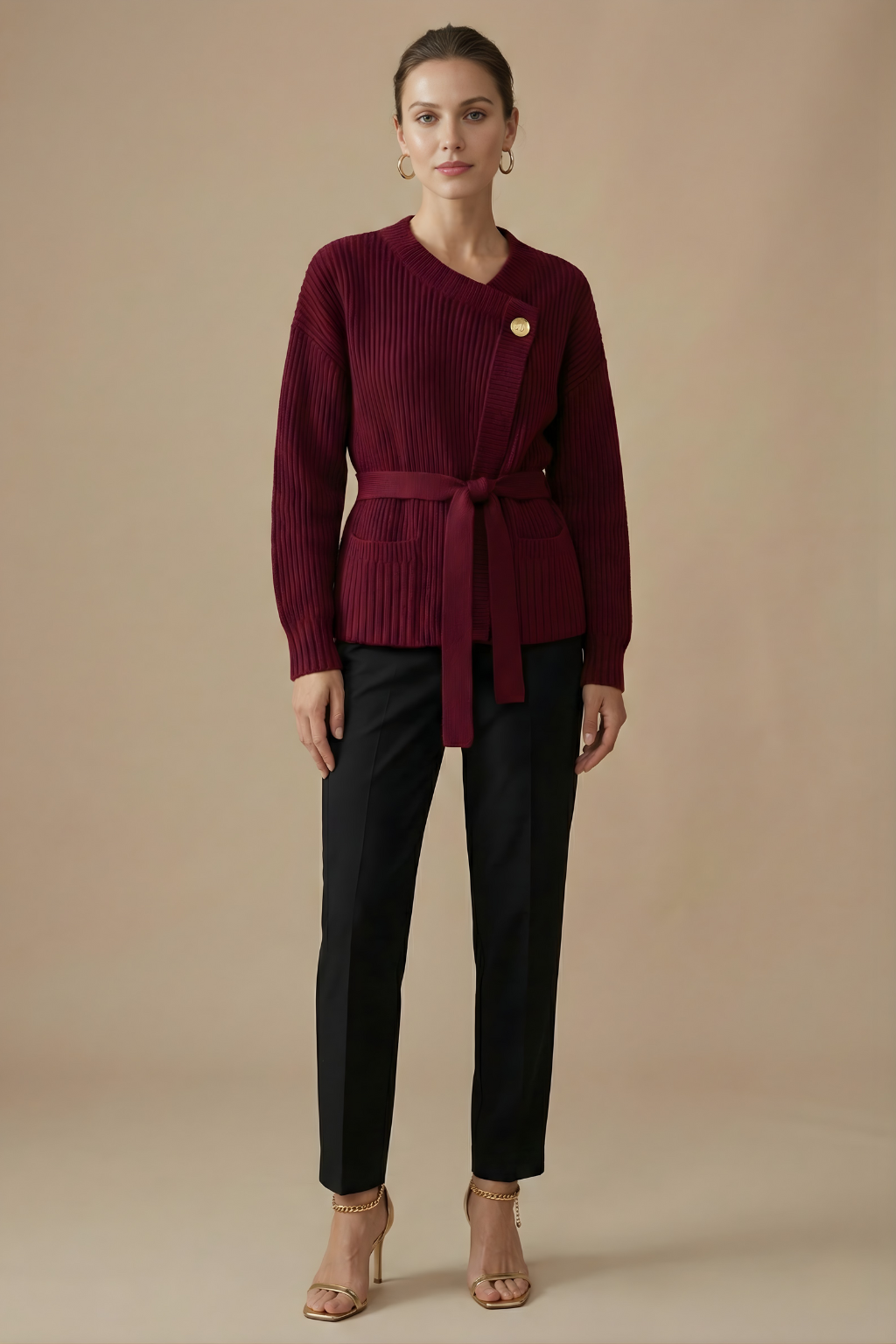 Women’s Wrap Cardigan with Ribbed Knit and Tie Waist