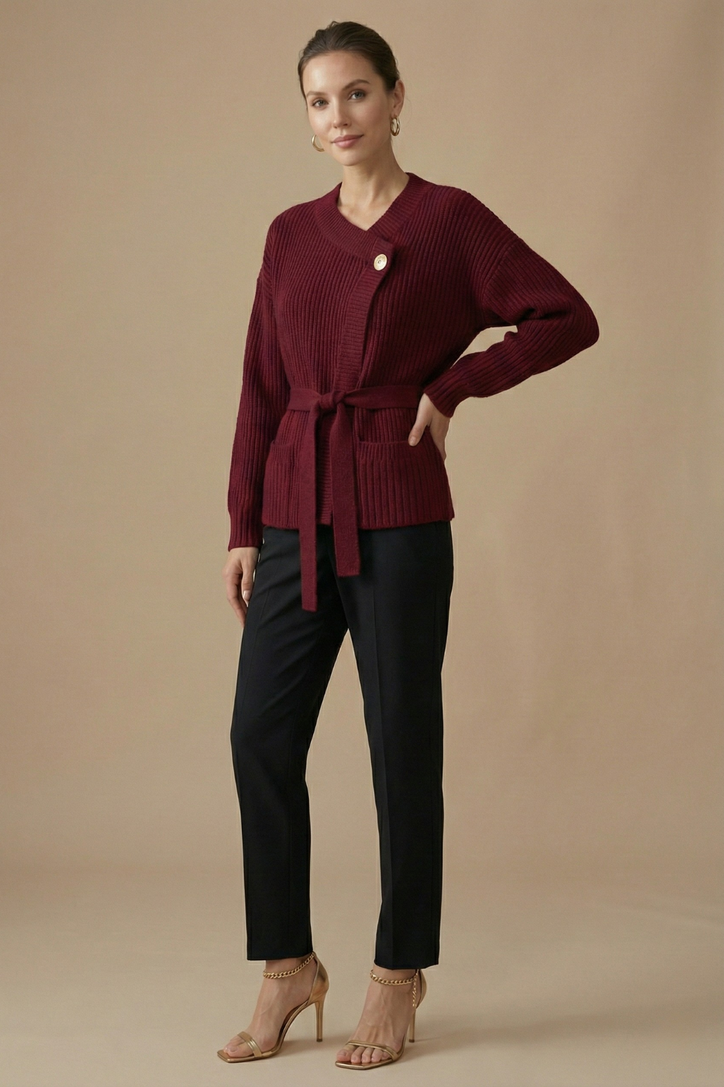 Women’s Wrap Cardigan with Ribbed Knit and Tie Waist