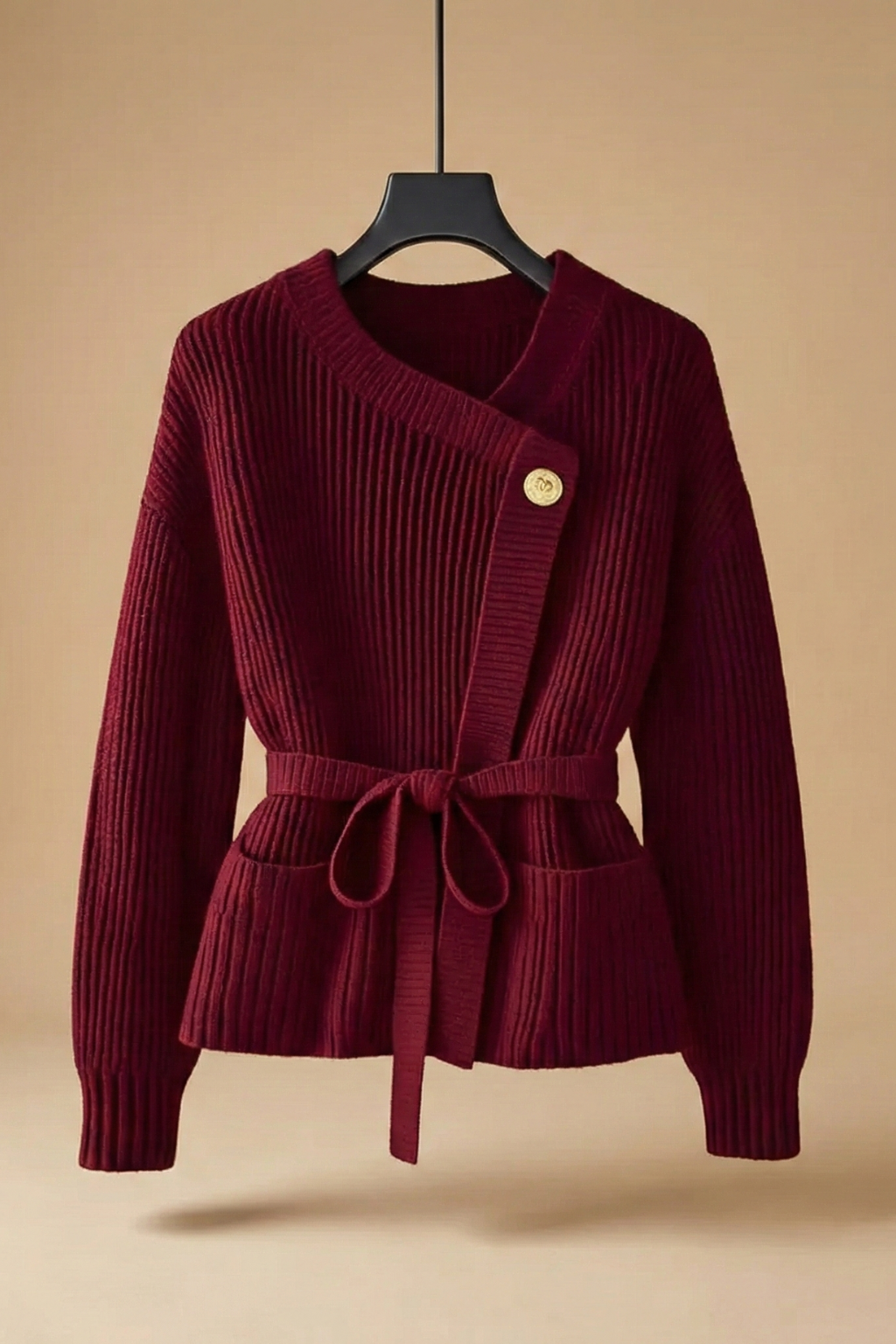 Women’s Wrap Cardigan with Ribbed Knit and Tie Waist