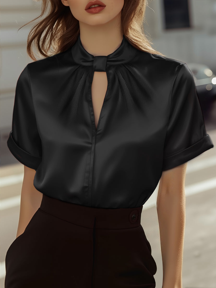 Women’s Satin Blouse with Modern Keyhole Neckline - Short Sleeves - Refined Work-to-Evening Top