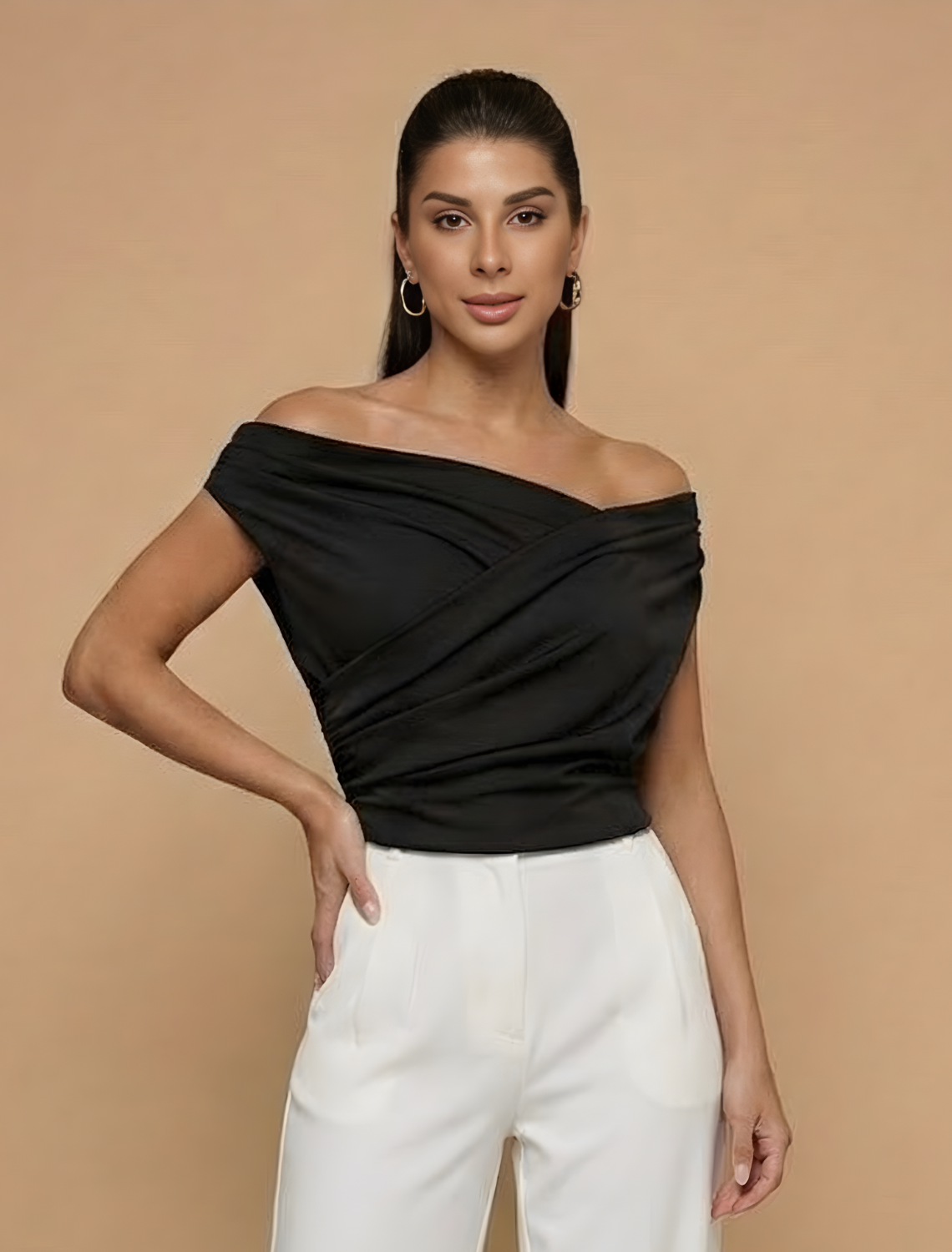 Women’s Draped Off-Shoulder Top - Sculpted Waist - Elegant Sleeveless Design - Refined Evening-to-Event Style