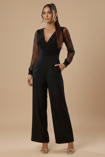 Damen eleganter Jumpsuit – langärmlig, V-Ausschnitt, Hose mit weitem Bein für den Abend