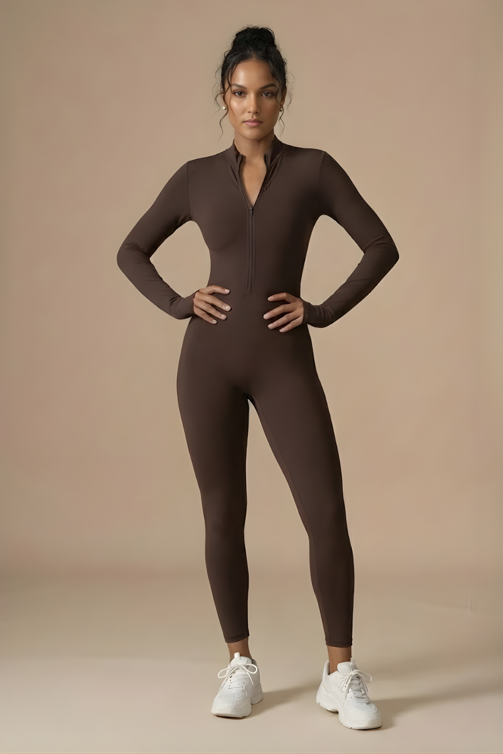 Women’s Long Sleeve Zip-Front Sculpting Bodycon Jumpsuit – Sleek Second-Skin Fit
