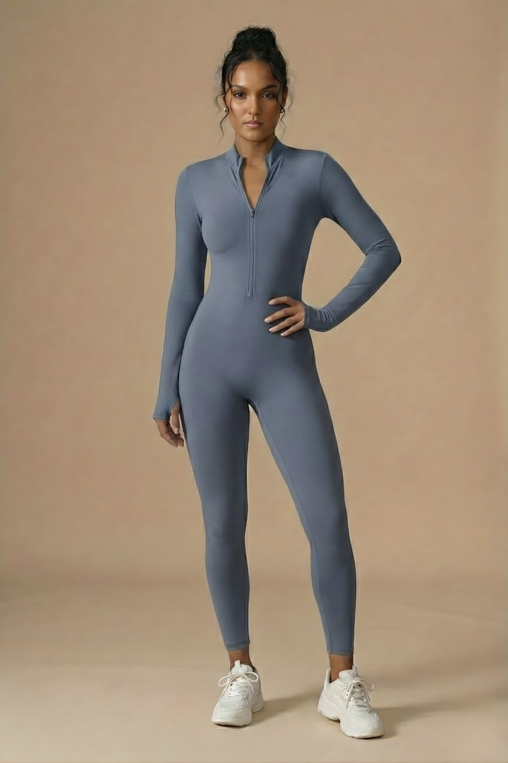 Women’s Long Sleeve Zip-Front Sculpting Bodycon Jumpsuit – Sleek Second-Skin Fit