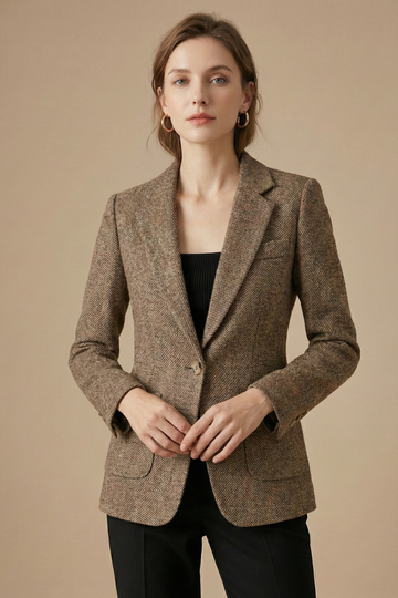 Women’s Tailored Single-Button Blazer with Notched Lapels and Patch Pockets