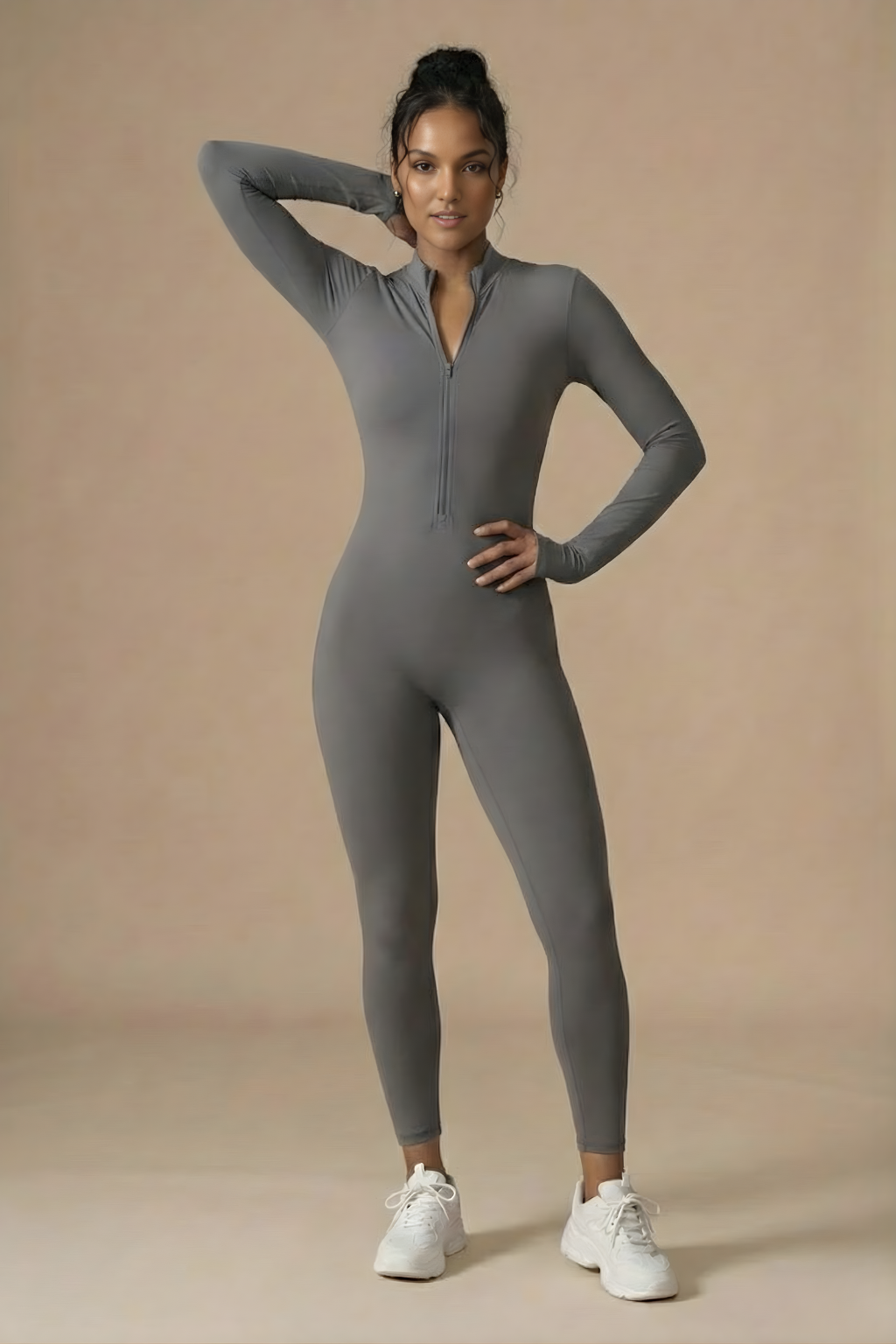 Women’s Long Sleeve Zip-Front Sculpting Bodycon Jumpsuit – Sleek Second-Skin Fit