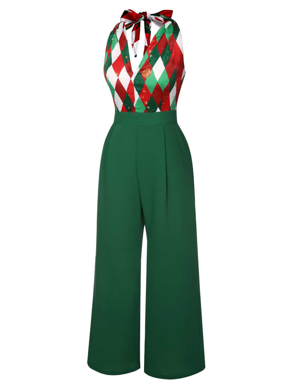 1930s Christmas Plaid Lace Patchwork Jumpsuit — vintage elegance for the modern woman